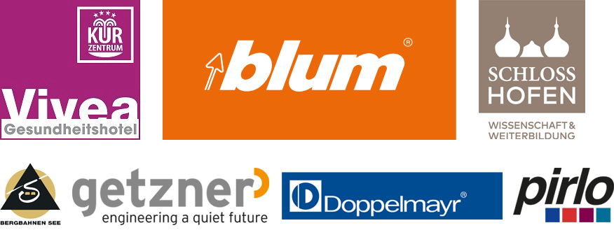 Logo Kunden-Referenz | Vivea Gesundheitshotel | Julius Blum GmbH | Schloss Hofen | Bergbahnen See | Getzner | Pirlo Gruppe
